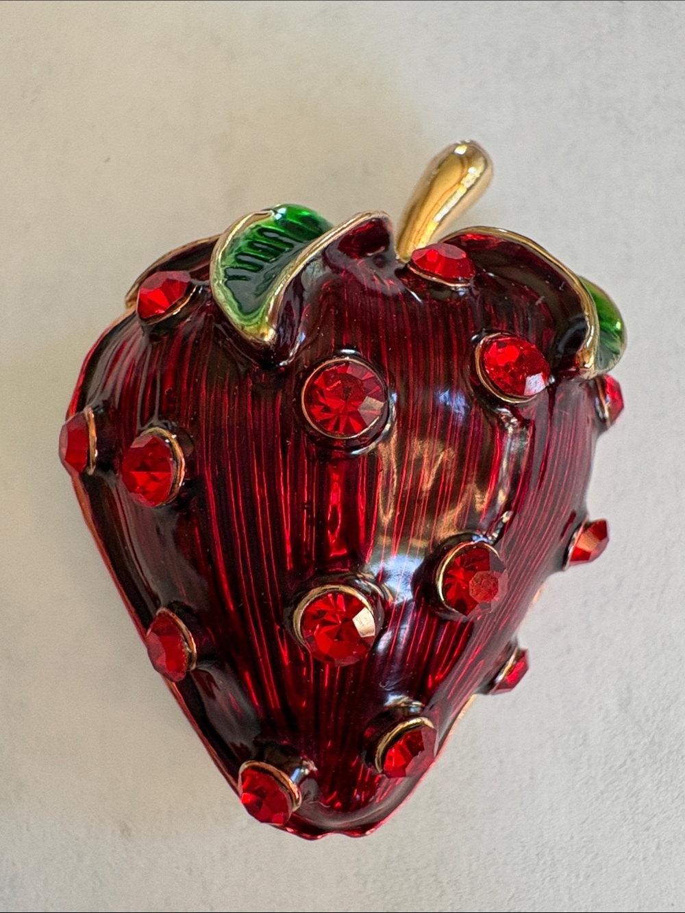 Red Crystal Strawberry Brooch with Green Leaf Accent